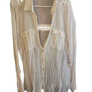 Maurices Ivory Button-Down Shirt with Lace Accents